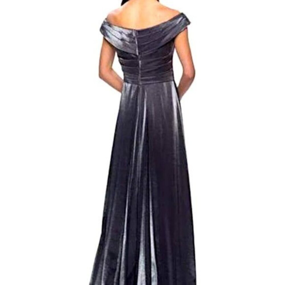 La Femme Runched Satin Trumpet Gown Gunmetal #27846 New with Tag - Picture 4 of 9